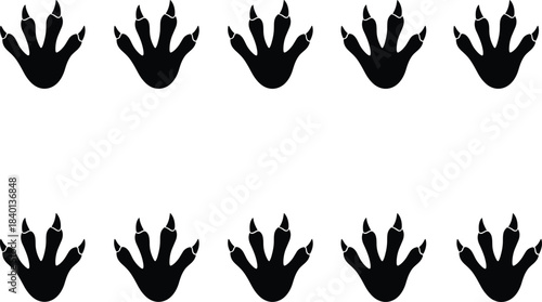 Set of black vector monster claw prints or scary dinosaur lizard paw tracks with sharp nails isolated on a clean white background.