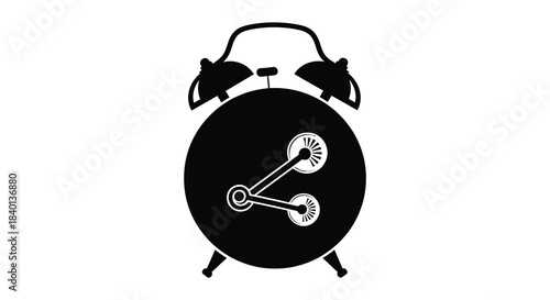 A striking black alarm clock illustration with detailed hands and base presented as a silhouette