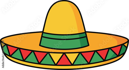 Colorful Sombrero Hat with Yellow Crown and Orange Brim with Red and Green Triangle Pattern Keywords: sombrero, hat, mexican hat