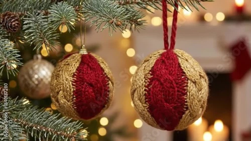 Knitted christmas balls swaying gently in the breeze with a festive background
