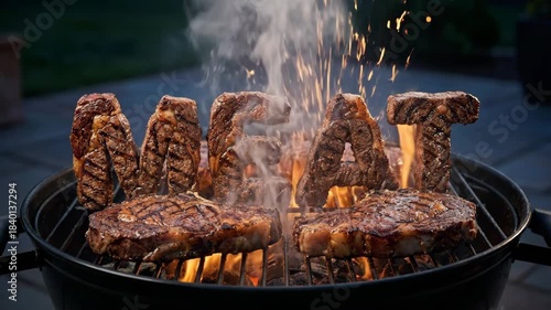 Grilled beef steaks forming the word meat on a hot barbecue grill, cooking over glowing charcoal with visible flames and smoke, symbolizing a love for meat