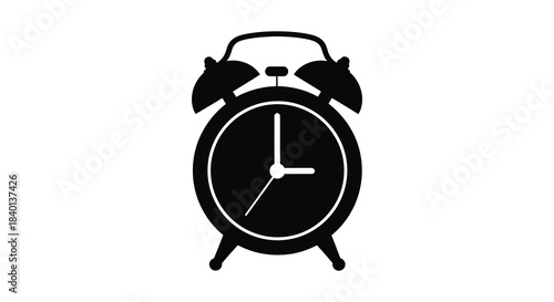 A classic twin bell alarm clock design in a stark black and white silhouette
