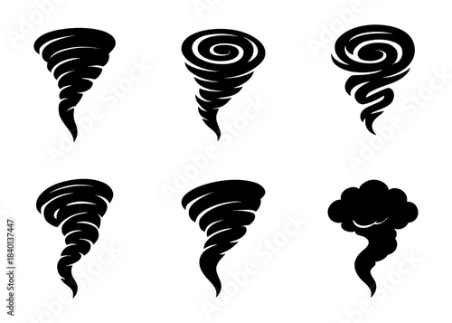 Tornado twister silhouette icons set, rotating vortex and storm cyclone