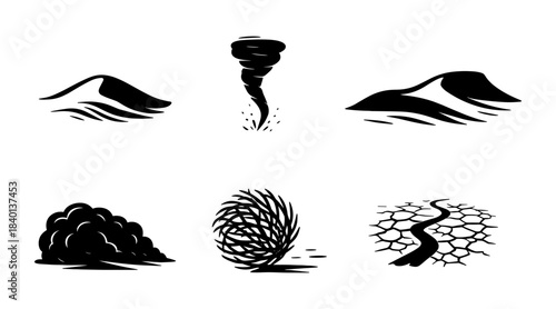 Desert landscape silhouette icons set, sand dune, dust storm and cracked ground