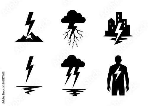 Lightning impact silhouette icons set, thunder cloud and power surge