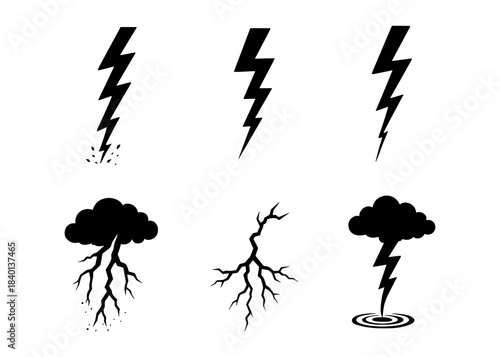 Thunderbolt variations silhouette icons set, storm cloud and ground strike