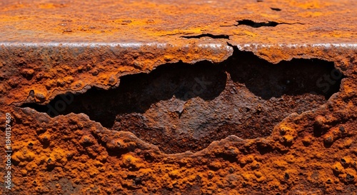 Closeup of heavily rusted metal with flaky orangebrown corrosion and large holes revealing darker rough texture underneath