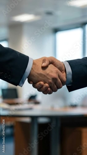 Two businessmen shaking hands in a professional office environment, symbolizing agreement
