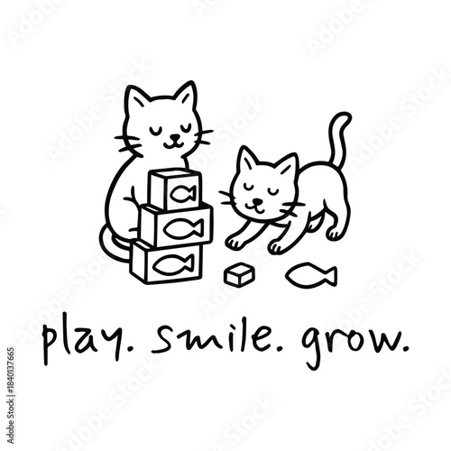 Kittens stacking fishy blocks in a playful ritual of smiles, growth, and gentle wonder, vector illustration