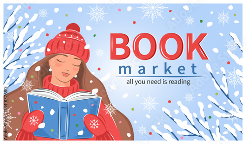 Book market banner for bookstore, bookshop or library. Woman reading a book under snowfall. Vector illustration for poster, cover, marketing, sale.