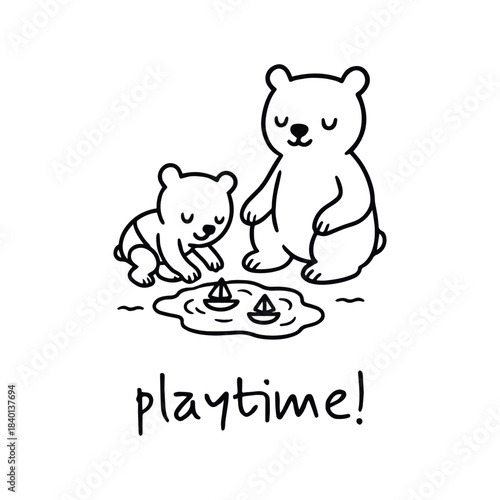 Bears launching tiny boats in a puddle of playtime joy and gentle togetherness, vector illustration