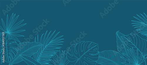 Tropical leaves background vector. Natural jungle monstera palm leaves design in minimal pale green color with contour line art. Design for fabric, print, cover, banner, decoration, wallpaper.