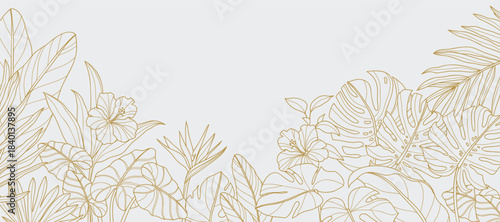 Tropical leaves background vector. Natural jungle monstera palm leaves design in minimal pale green color with contour line art. Design for fabric, print, cover, banner, decoration, wallpaper.