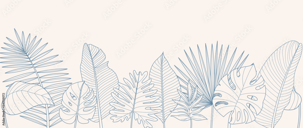 Fototapeta premium Tropical leaves background vector. Natural jungle monstera palm leaves design in minimal pale green color with contour line art. Design for fabric, print, cover, banner, decoration, wallpaper.