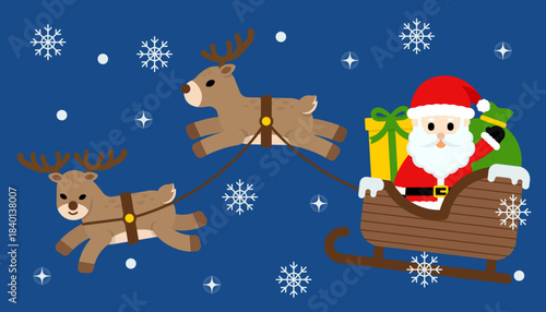 Cute illustration of Santa Claus riding a sleigh pulled by reindeer with snowflakes. Perfect for Christmas cards, posters, children’s projects, wrapping paper, and festive winter designs.