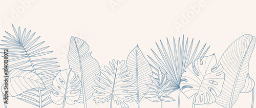 Tropical leaves background vector. Natural jungle monstera palm leaves design in minimal pale green color with contour line art. Design for fabric, print, cover, banner, decoration, wallpaper.
