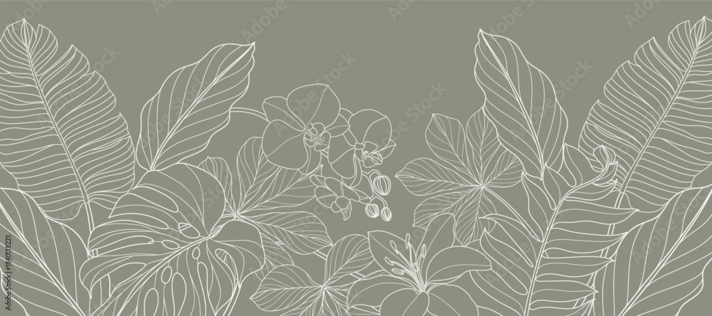 Fototapeta premium Tropical leaves background vector. Natural jungle monstera palm leaves design in minimal pale green color with contour line art. Design for fabric, print, cover, banner, decoration, wallpaper.