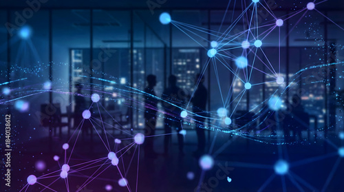 Silhouettes of people in office with glowing digital network overlay abstract