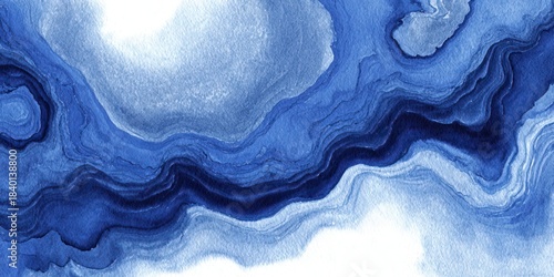Abstract blue watercolor with wavy, flowing organic shapes and white space