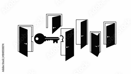 A solitary key unlocks many potential opportunities and choices represented by open doors.
