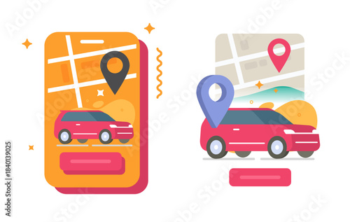 Car auto rental sharing location on city map service icon vector flat modern graphic design illustration set on mobile cell phone app, vehicle taxi route gps navigation web minimal simple interface
