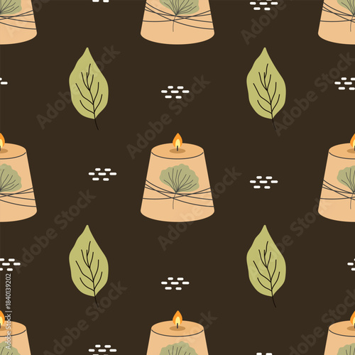 Cozy candle seamless pattern with leaves on dark background, warm autumn mood for wrapping paper and home decor