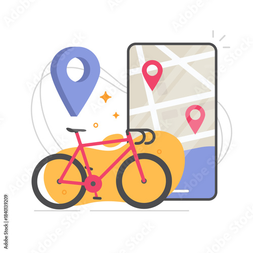 Bicycle rental sharing location place on city street map icon vector modern design graphic illustration, bike gps navigation travel search find service mobile phone app, urban transport delivery track