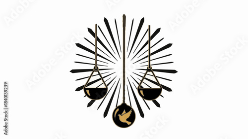 Symbol of justice and peace with radiating light and scales of balance