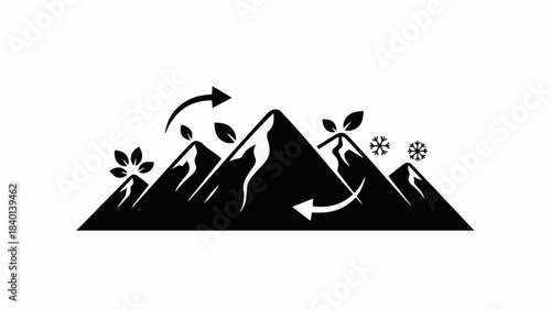 Mountain range symbolizing seasonal change with leaves and snowflakes