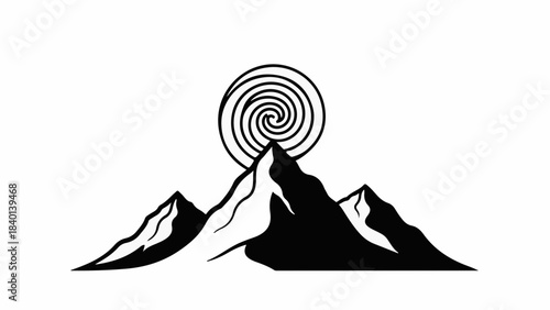 Mystical spiral sun shines above jagged mountain peaks in a stark black and white illustration.