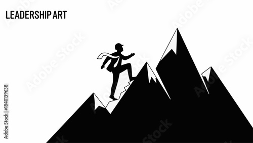 Silhouette of determined businessman climbing a steep mountain peak towards success