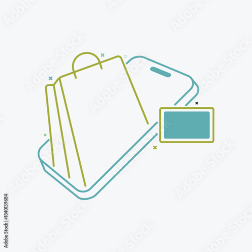 Online Shopping Line Illustration – Smartphone with Bags, Minimal vector outline of a phone with shopping bags and a price tag in teal and lime. Clean e‑commerce concept for web banners