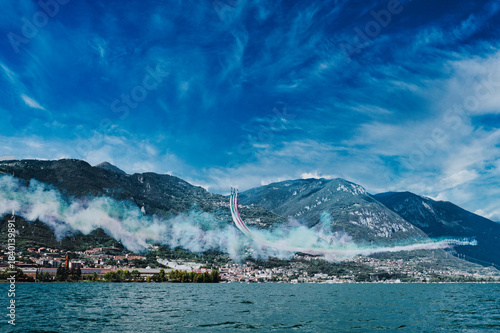 mountain landscape with lake and mountains, frecce tricolori, air exibition, lovere, lake Iseo