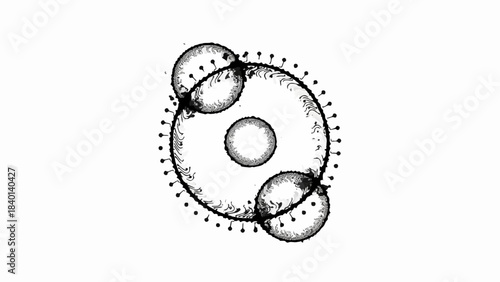 Abstract representation of a molecule with orbiting particles, symbolizing connection and energy flow.