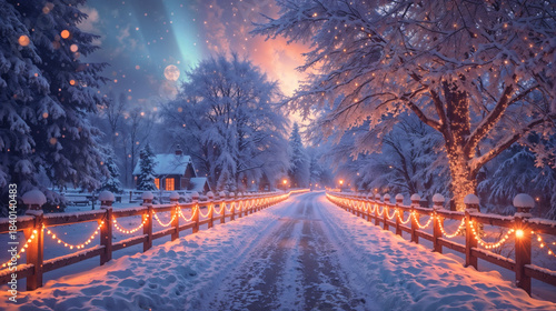 Magical Snowy Winter Path with Glowing Lanterns and Christmas Lights Leading to Cozy Cottage Under Aurora Sky and Full Moon, Luxury Winter Wonderland Night AI Generated.