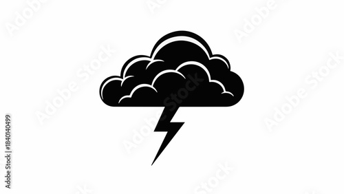 Dramatic black silhouette of a stormy cloud with a lightning bolt striking down.