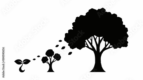 Silhouette of a tree's life cycle, from seedling to mature plant, symbolizing growth and nature.
