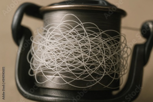 Close-up of tangled fishing line on a spinning reel spool. Messy monofilament birdnest problem showing loops and texture, angling gear issue concept.