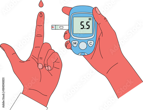 Hand Using Glucose Meter To Check Blood Sugar Level Keywords: blood, sugar, glucose, meter, testing, diabetes, health, medical