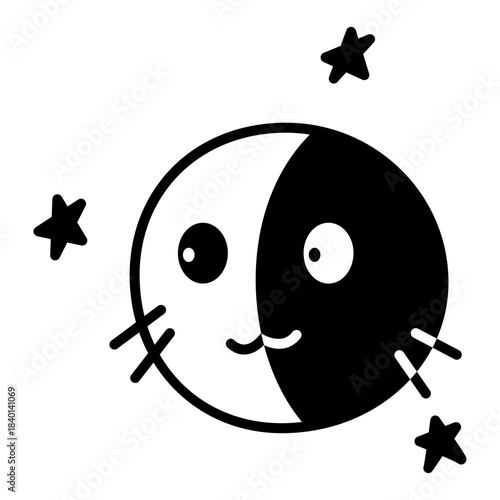 Cute Yin Yang Face Icon. Cute Moon Face Icon