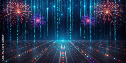 Digital fireworks binary code neon lights data stream futuristic background tech celebration new year cyber glow matrix grid particle sparkle filled with excitement over luminous floor