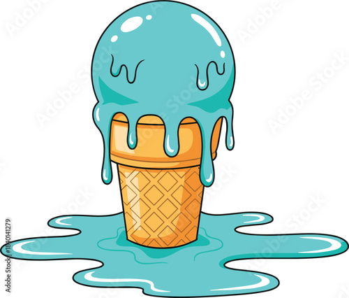 Melting Blue Ice Cream Cone with Spilled Liquid on White Background Keywords: ice cream, cone, melting, dripping, blue ice cream