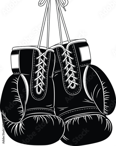 Pair of Black Boxing Gloves Hanging by Laces on White Background Keywords: boxing gloves, black, white, illustration, vector, sport