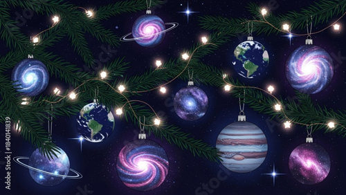 Cosmic Christmas ornaments depicting galaxies and planets hang on a fir tree with fairy lights festive space theme