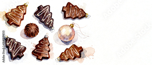 Festive chocolate Christmas trees and ornament, perfect for holiday season. The image displays artistic presentation of sweet treats, evokes a sense of joy and the warmth of celebration.