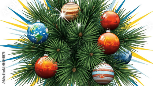 Christmas tree decorated with planet ornaments representing space exploration and celestial holidays isolated on white background