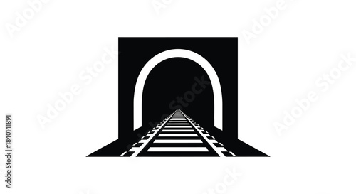 A striking black and white graphic of a tunnel with railroad tracks leading into darkness silhouette