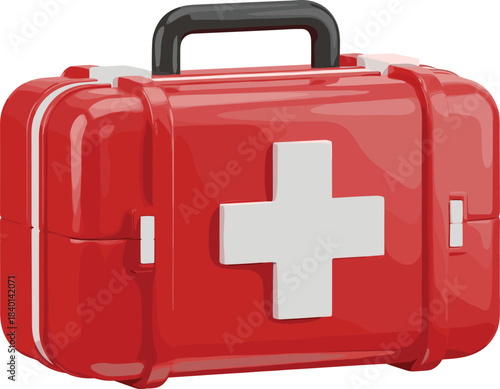 Red First Aid Kit with White Cross Symbol and Black Handle Isolated Keywords: first aid kit, medical kit, emergency kit, health