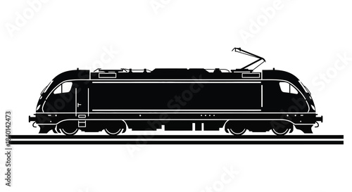 A striking black and white depiction of a powerful electric locomotive on railway tracks silhouette