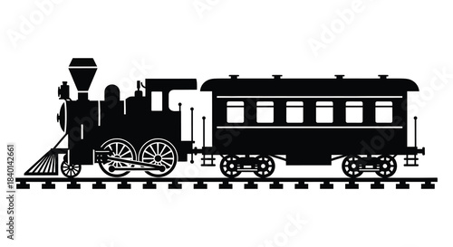 A striking black silhouette of a vintage steam train on railway tracks silhouette